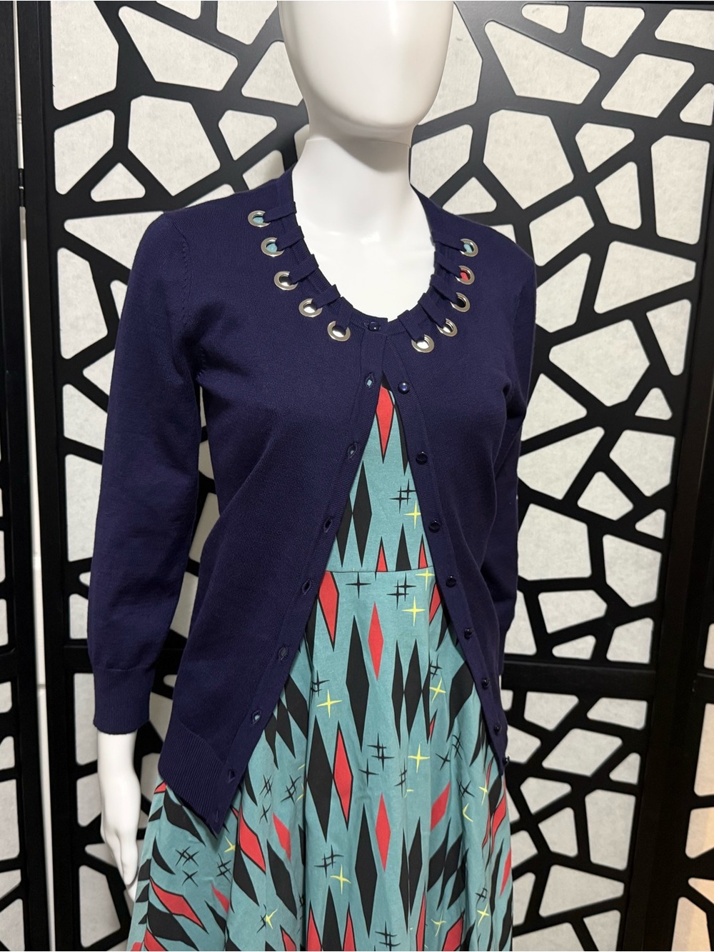 Cable & Gauge Retro-Inspired Blue Eyelet Button-Up Cardigan - US Medium